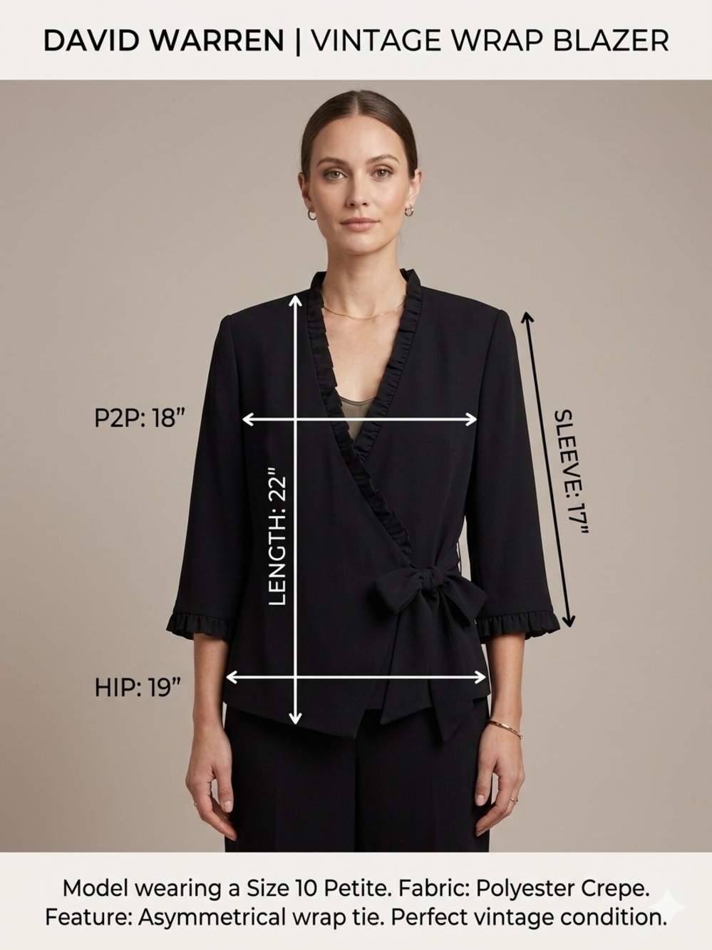 David Warren Vtg Black Wrap Crepe Blazer Ruffle Trim Jacket Tie Waist 10 Petite